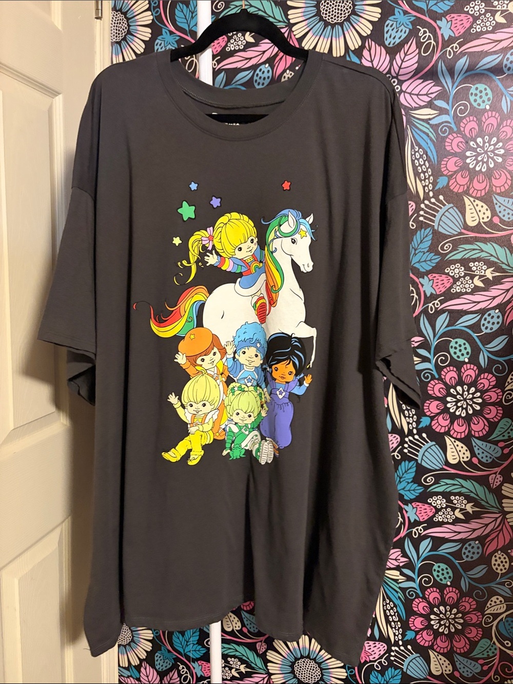 Rainbow Bright GreyShort Sleeve Tee with Colorful Unicorn Graphic